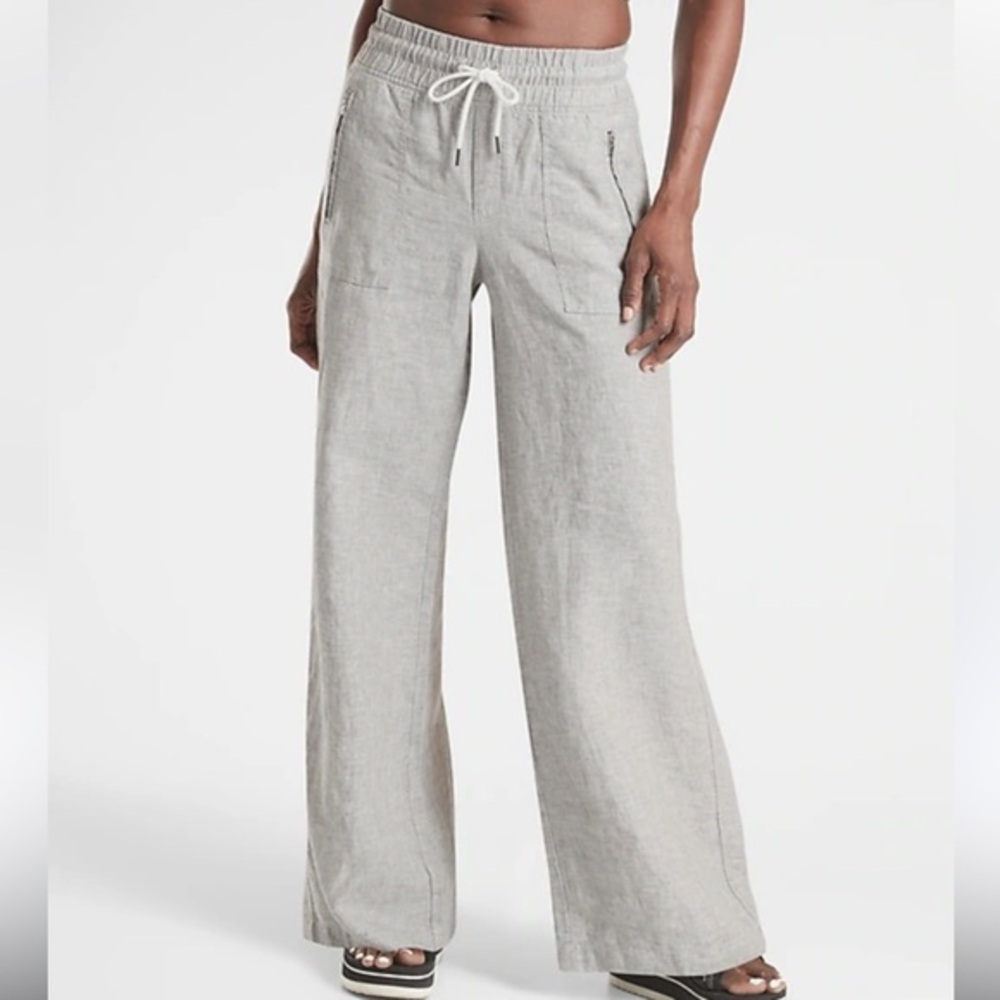 ATHLETA linen pull on Cabo wide leg pants grey size 12 pockets cargo high waist